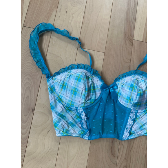 Y2K Victoria’s Secret Bustier Top 36C Blue Plaid Lace Corset - Picture 3 of 8